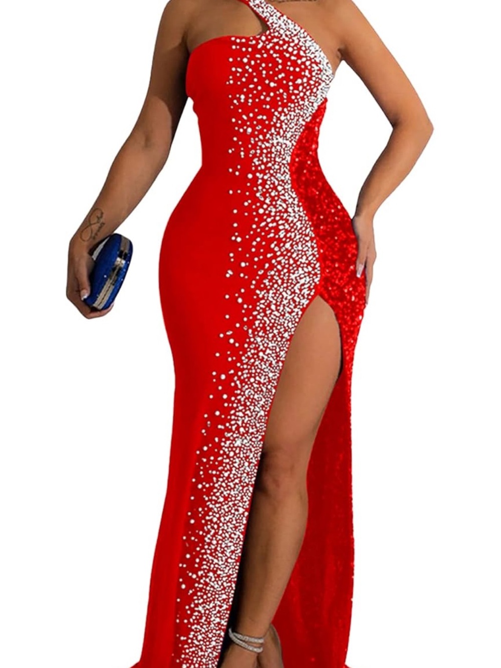 & Other Stories Red One-Shoulder Sequin-Embellished Gown with High Slit